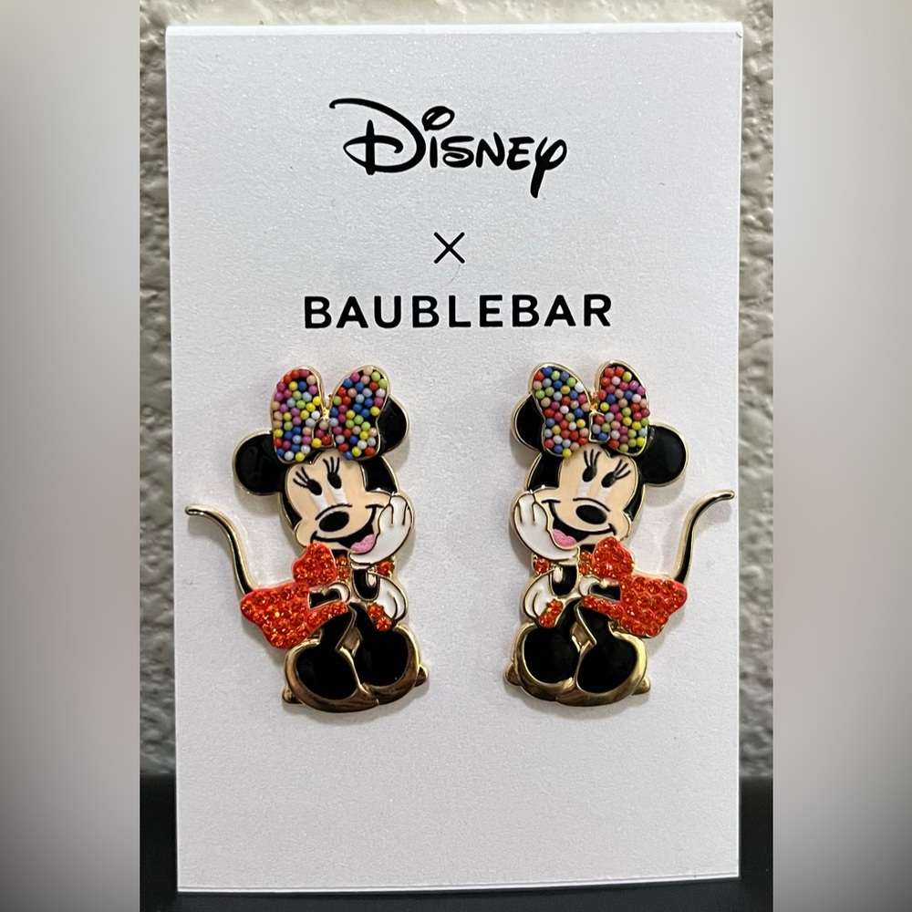 New Disney Baublebar Minnie Mouse Earrings, Sprinkle Bow & Rhinestone Dress